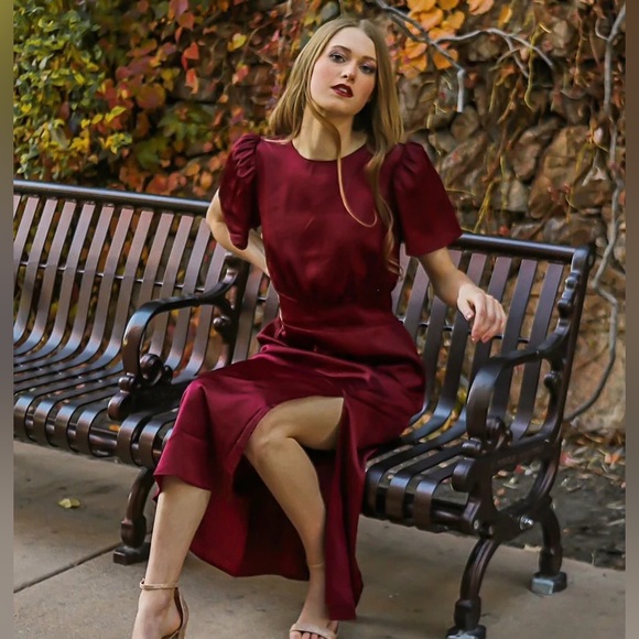 NWT Eve Satin Sheath Dress in Burgundy - Picture 2 of 8
